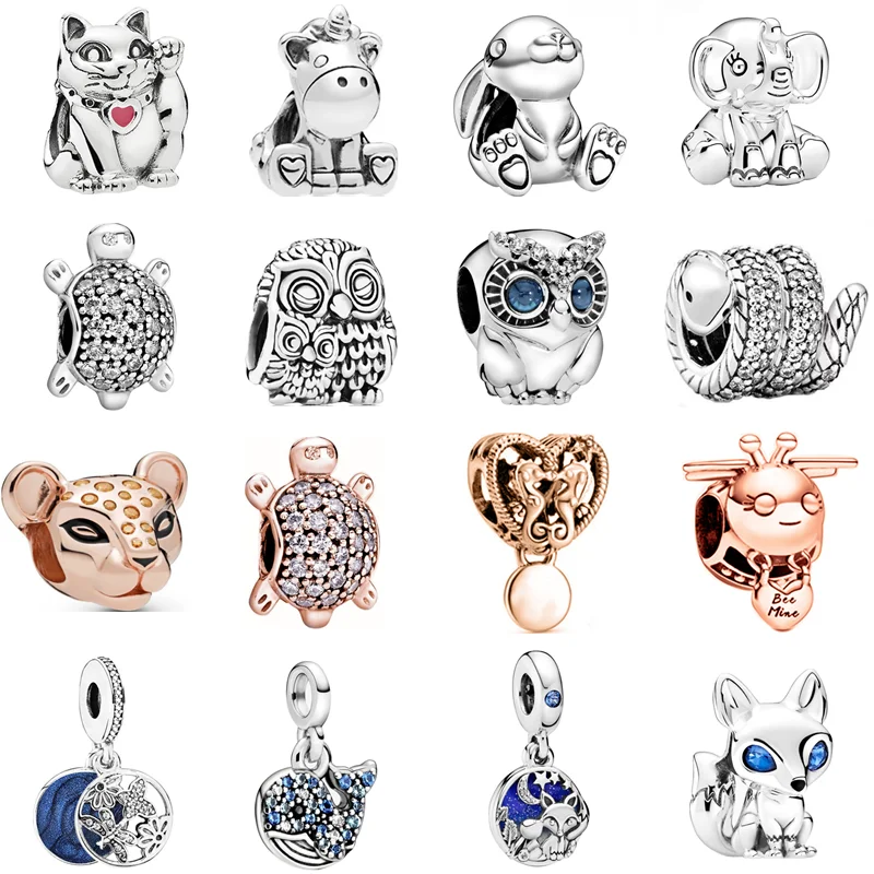

2021 New Lion Unicorn Elephant Snake Owl Fox Lucky Cat Cartoon Animals Beads Fit Original Pandora Charms Bracelets Women Jewelry