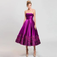 purple appliques homecoming dresses strapless neck sequins prom gowns tea length satin formal cocktail dress vestidos de fiesta2