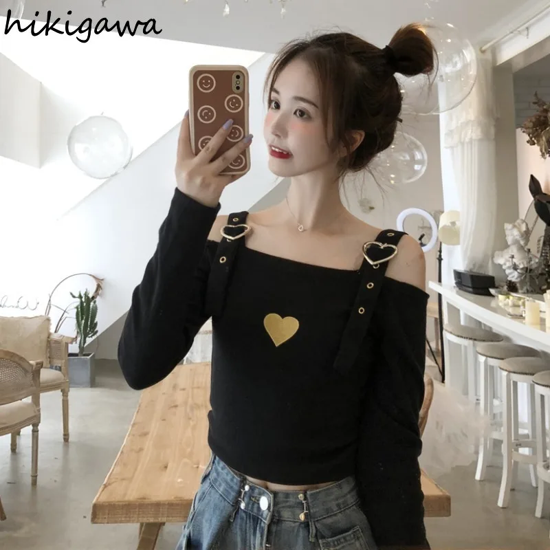 

Hikigawa Sexy Woman Tshirts Slash Neck Long Sleeve Off Shoulder Shirt 2021 Ropa Mujer Korean Harajuku Tank Embroidery Crop Tops