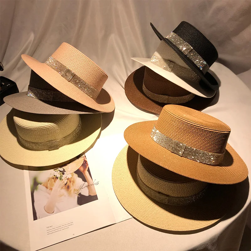 

Straw Hat Woman Summer Fedora Rhinestone Flat Top Brim Elegant Ladies Stylish Vocation Beach Travel Sun Boater Hat
