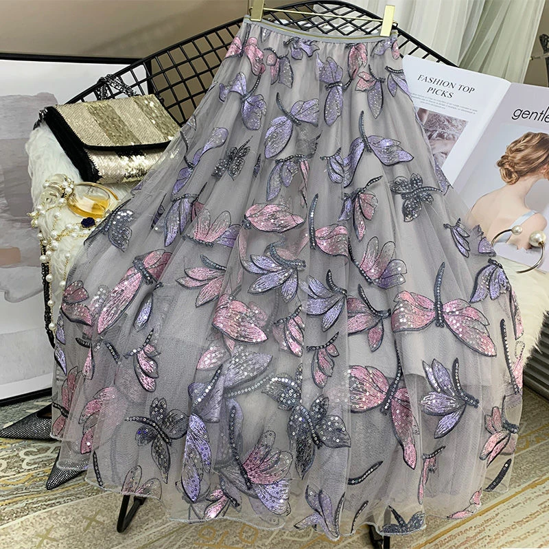 

High quality sequins embroidery dragonfly two layer mesh pleated skirt women 2021 summer high waist long skirts womens elegant