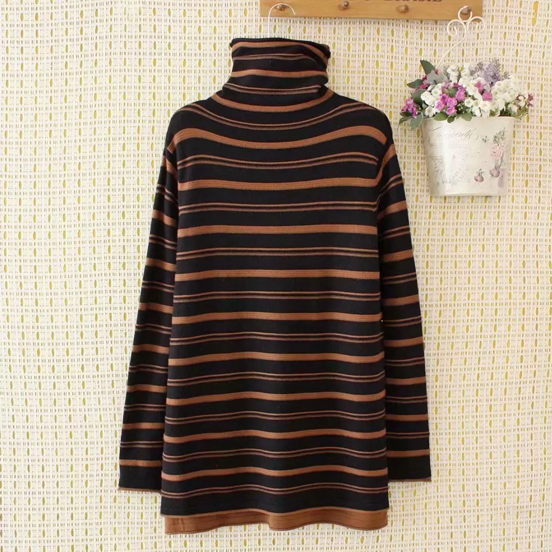 

Plus size Purple brown black striped women turtleneck fake two-piece knitted sweaters 2021 winter lady sweater female pullovers