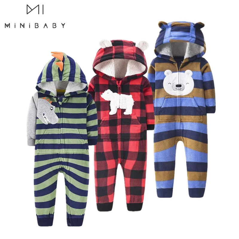 2023 Soft Baby Rompers Newborn boys clothing Spring Cartoon Fleece With Hooded infant Romper Toddler Unisex Outfits Jumpsuits