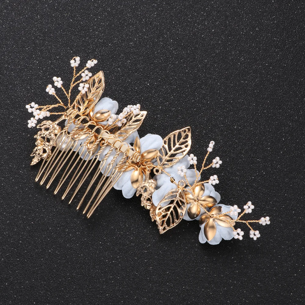 

1PC Hair Comb Metal Leaf Cloth Flower Beads Rhinestone Inlaid Insert Comb Hair Accessory (Purple)