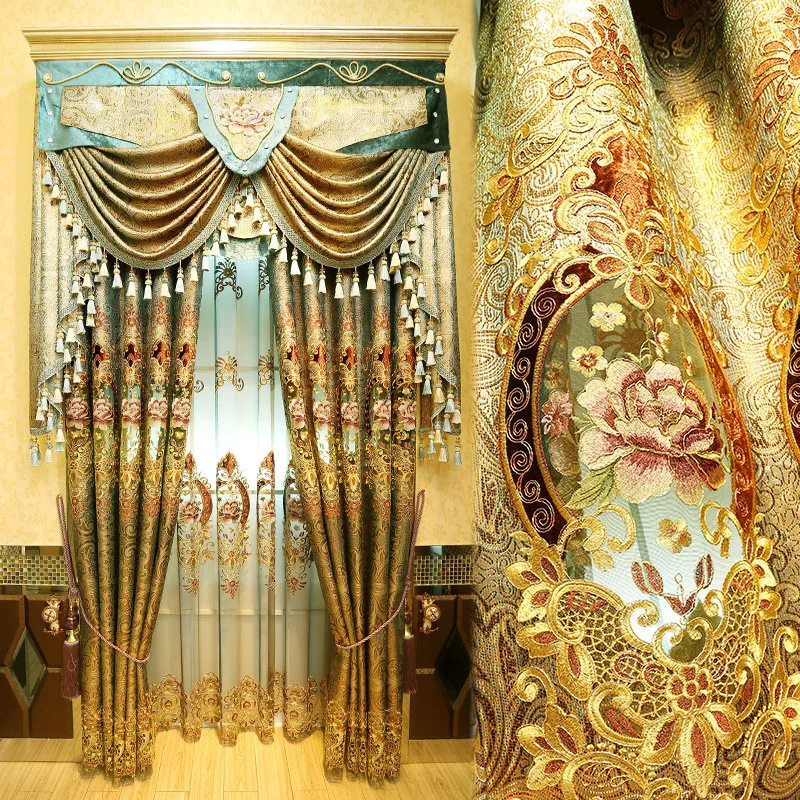 

European Luxury Royal Gold Floral curtains for Living Room high quality embroidered tulle curtains for bedroom blackout curtain