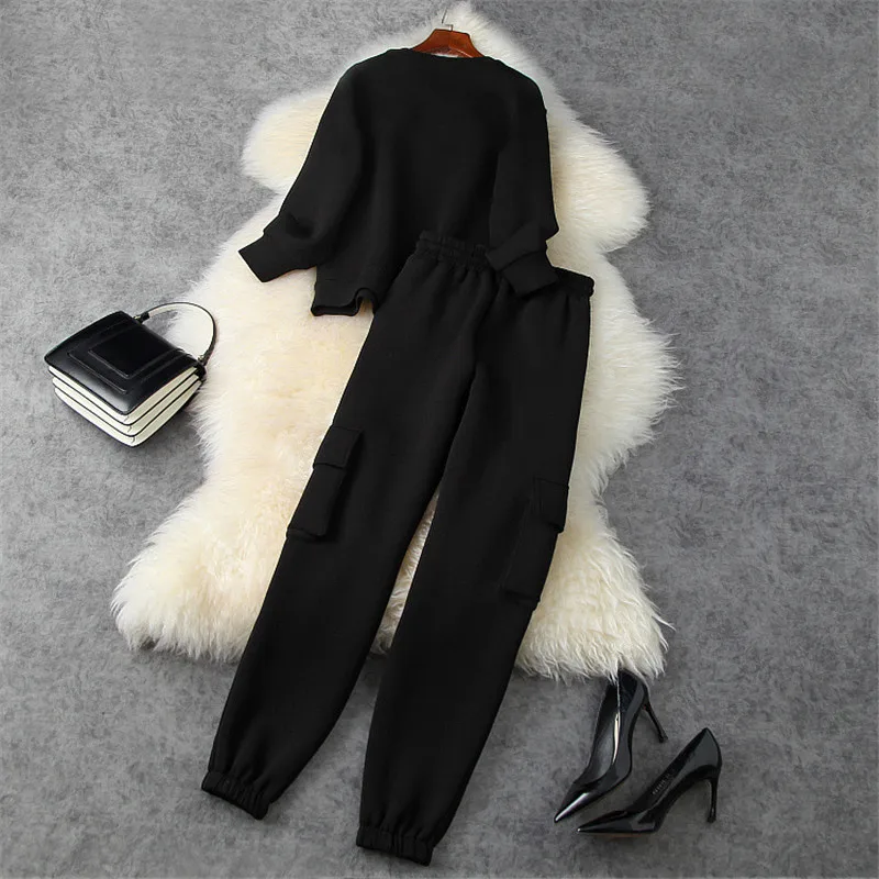 

High Street Fashion Spring Women Diamonds Pattern Loose Hoodies Top and Pants Suit Matching Sets Casual Two Piece Outfits