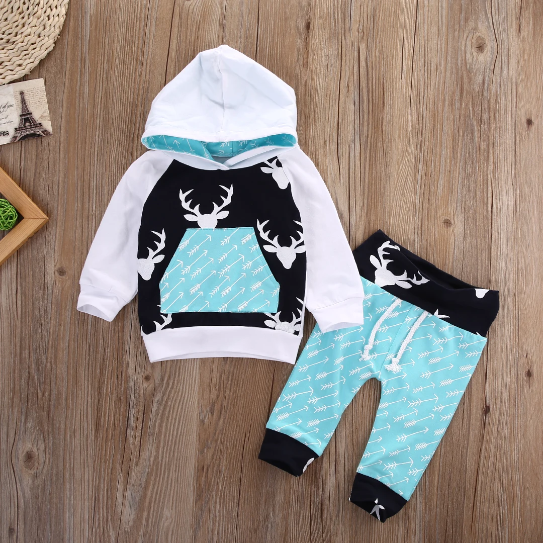 

Newborn Kids Toddler Baby Boy Girl Deer Hooded Tops Hoodie +Pants Outfits Set Clothes 0-5T