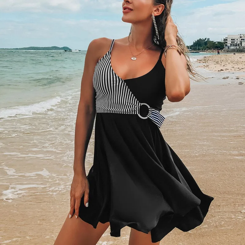 

Women summer Padded Swimwear Elegant Soft Elastic V Neck Patchwork Dress Briefs Set Two Piece Swimsuit Bathing Suit Clothes