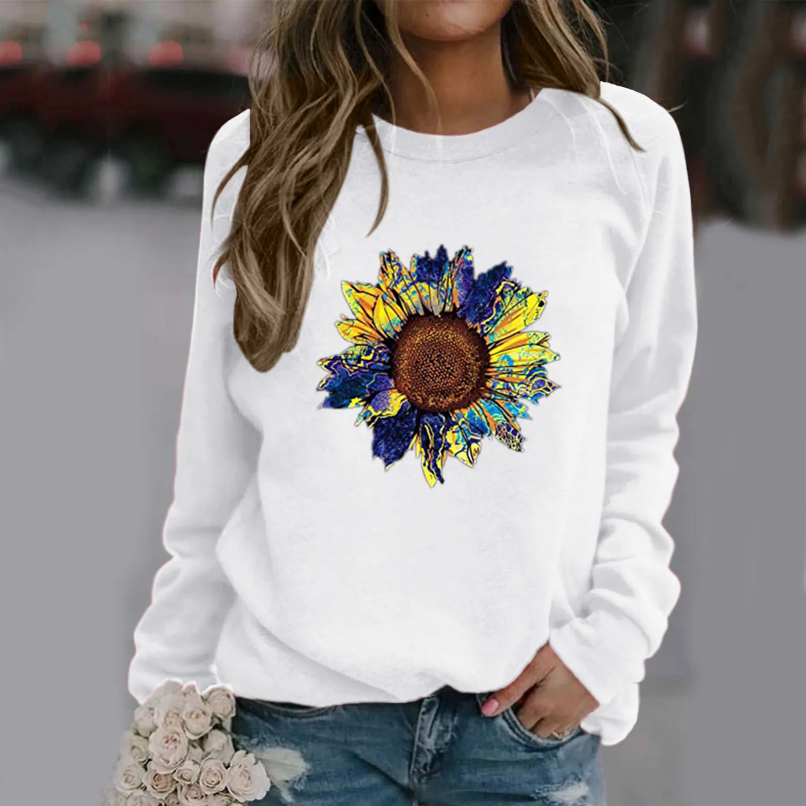 

Fashion Women's Flower Printing Hoodies Simple Round Neck Long-sleeved Sweatshirts Femme Casual Loose Pullover Hoodies Moletom