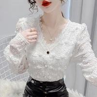 autumn chiffon shirt women tops 2021 new v neck long sleeve lace blusas camisas mujer button pullover blouse clothing 213c