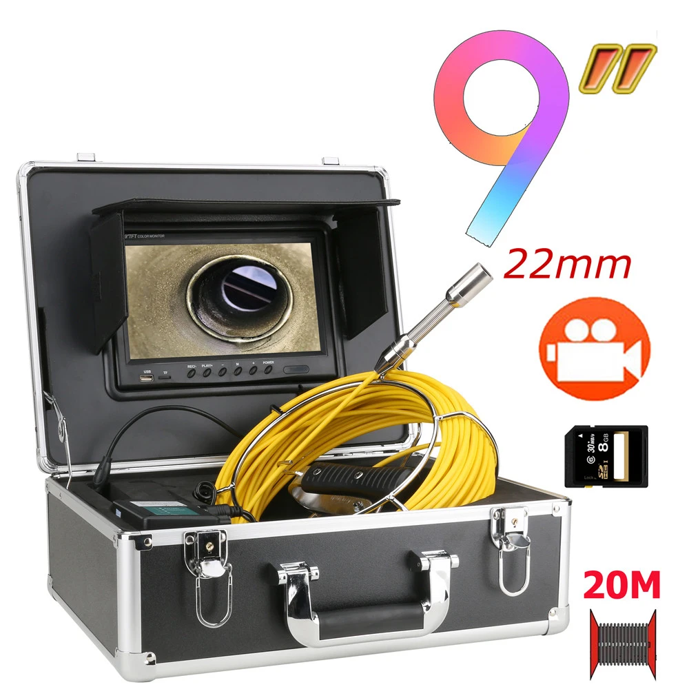 

9" Pipe Inspection Video Camera DVR Recording IP68 HD 1000TVL Drain Sewer Pipeline Industrial Endoscope System with 8G SD Card