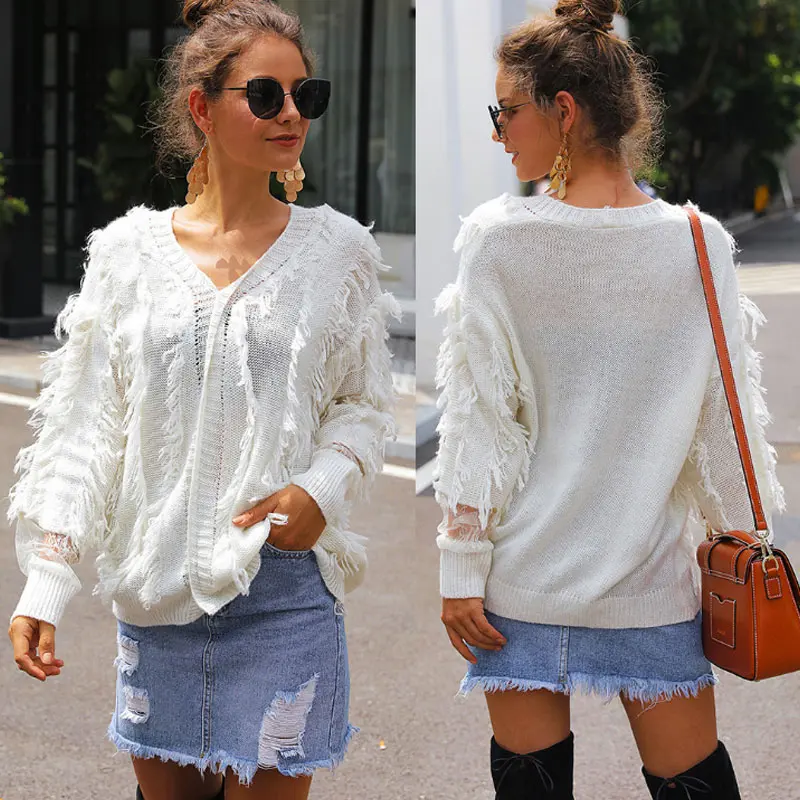 Женские свитера новинка 2019 Осенний вязаный свитер с v-образным вырезом бахромой