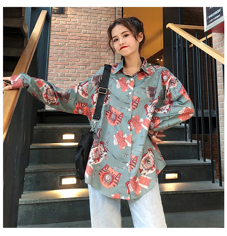 Korobov Harajuku рубашка с принтом из мультфильма винтажная однобортная женская блузка