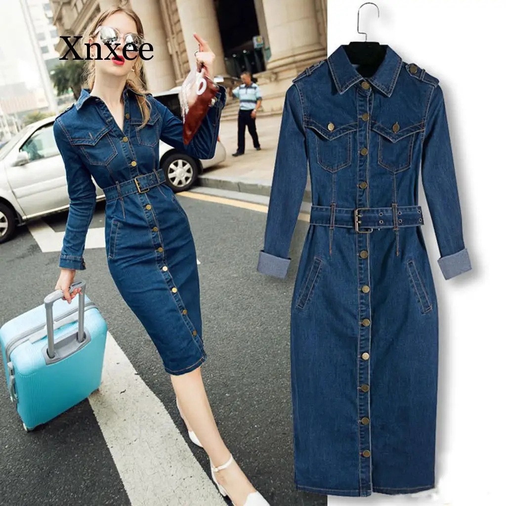 

Jeans Dress Denim Dresses Winter Office Slim Jeans Long Sleeve Mid-Cuff Denim with Belt for Women Jeans Dress Long Dress vintage