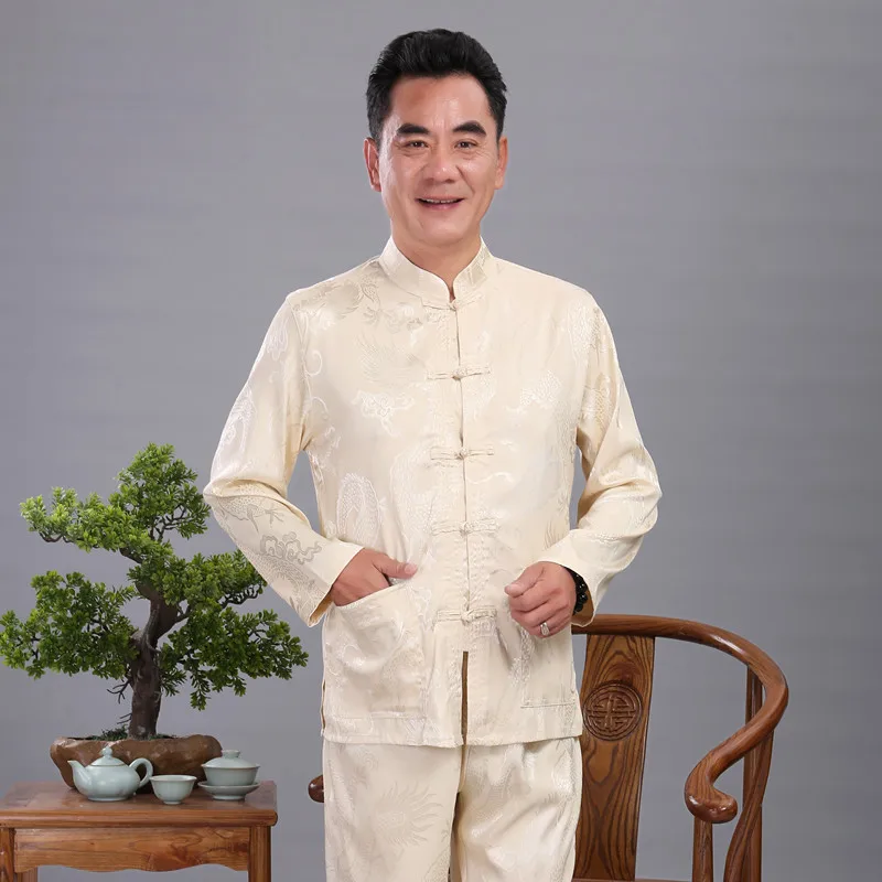 Мужская атласная форма для занятий кунг фу украшен китайским драконом ушу