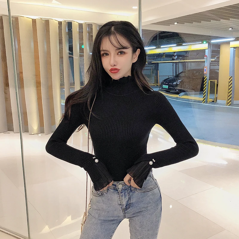 2019 Solid Color Silm Women's Sweater Fashion Tops Thick Black Basic Bottoming | Женская одежда