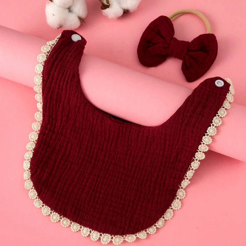 

2 Pcs Baby Girls Elastic Bow Headband Saliva Towel Set Princess Bowknot Hair Band Bib Kit Soft Cotton Solid Color Feeding Burp