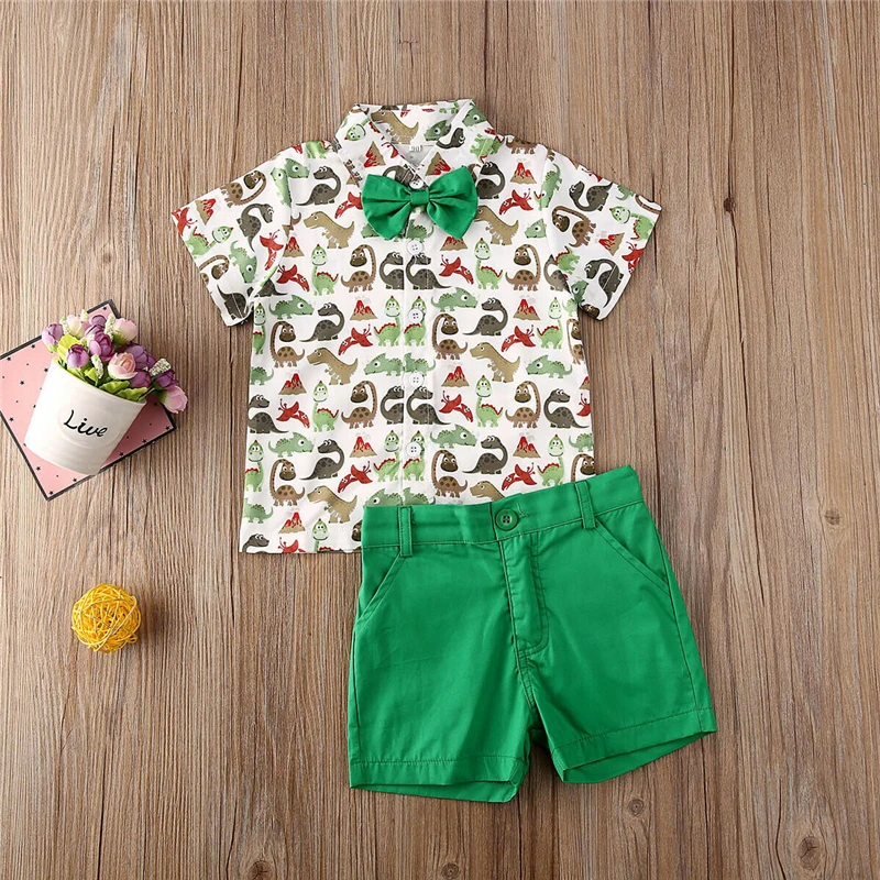 1-6Y Summer Newborn Baby Boy Clothes set Cute dinosaur print T-shirt top+Green Shorts Outfits Clothing Set | Детская одежда и