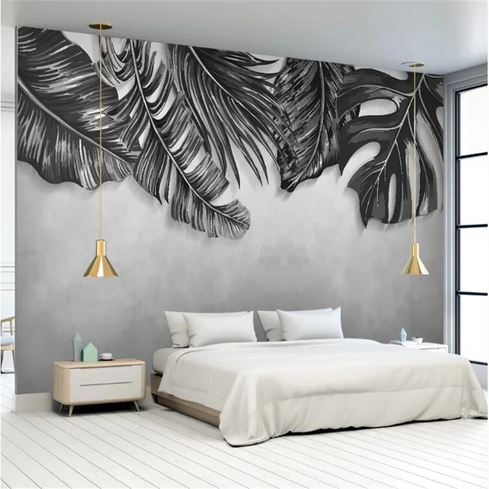

Milofi custom 3D wallpaper mural simple hand-painted small fresh tropical plant leaves TV background wall