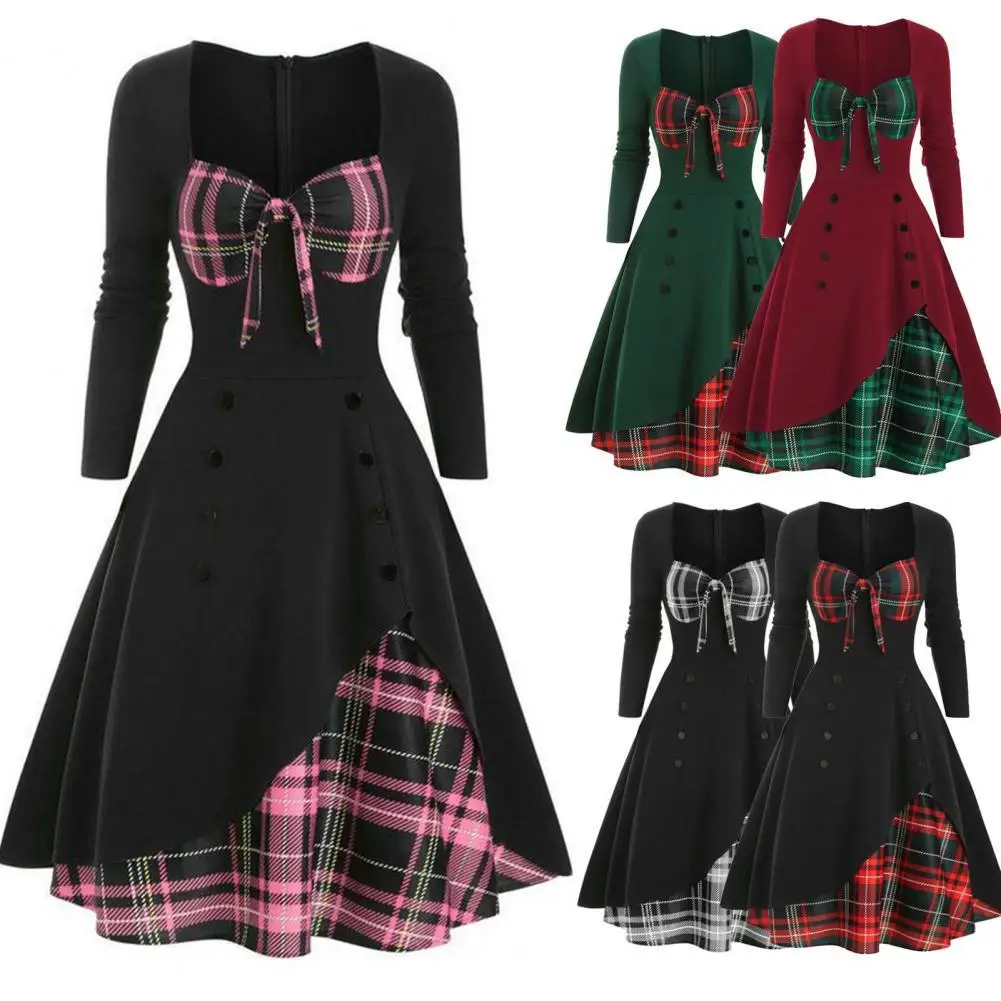 

Attractive Dress Long Sleeve Lace-up Neckline Streetwear Vintage Slim Dress