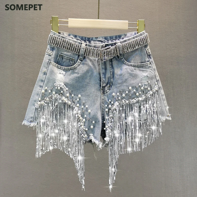 

Female Denim Shorts Summer Wear New High Waist Slimming Heavy Beaded Sequin Fringed Ripped Wide Leg Pants Jeans Hot Pants