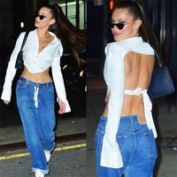 2021 women sexy v neck backless tops all match long sleeve elegant crop tops white t shirt leisure vacation home clothing
