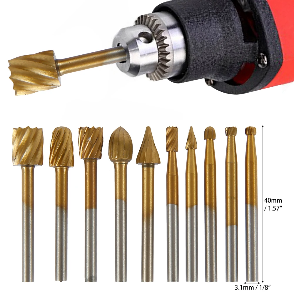 

Drill Bit 1/4'' 10PCS Set Cutting Tools For Woodworking Knife Wood Carving Tool with 1/8'' 10PCSTitanium plated milling cutter