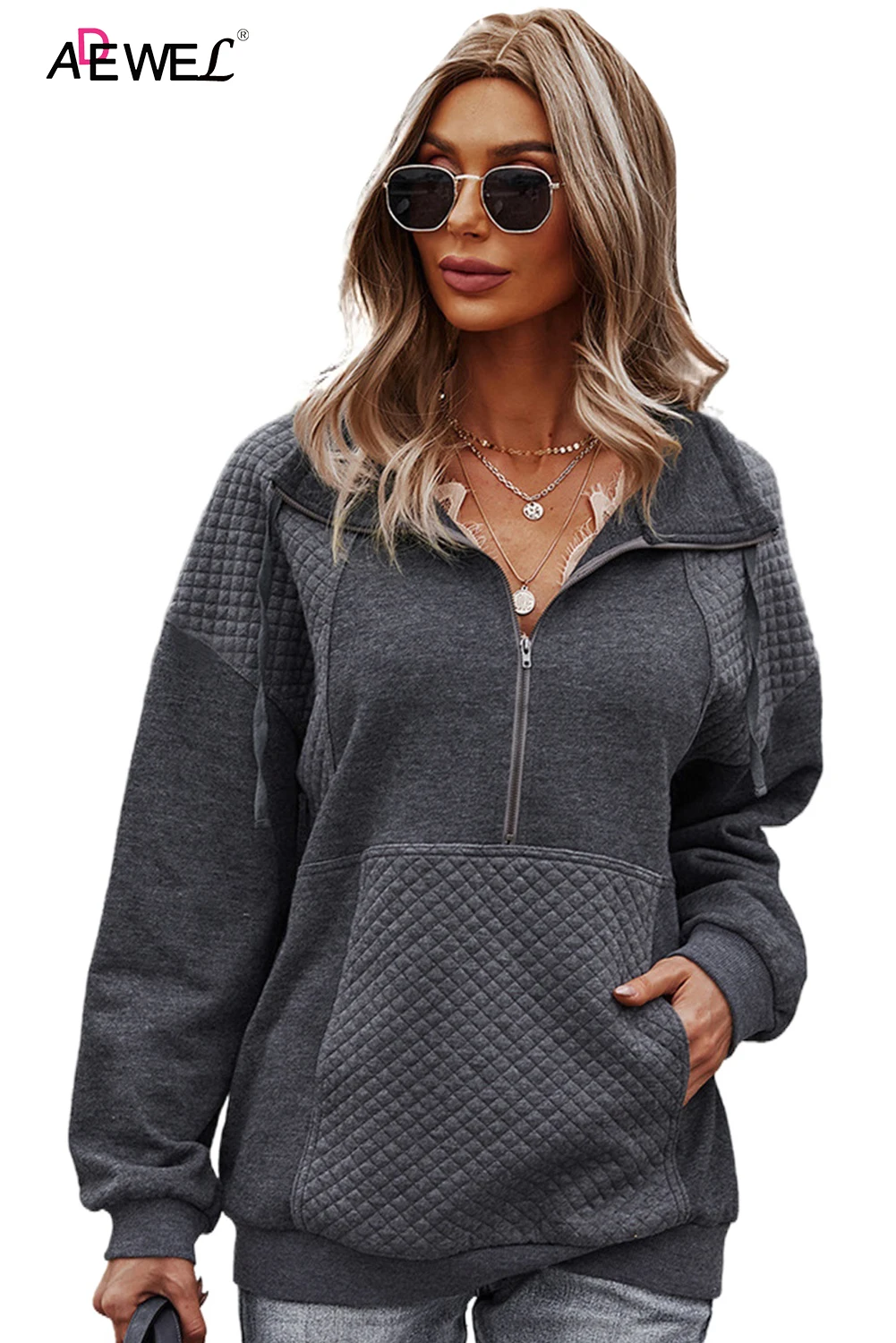 

Quilted Patch Half Zipper Long Sleeve Casual Sweatshirt Pocket Hoodies Roupas Femininas Tops Ladies Women Clothes Jacket Ropa De