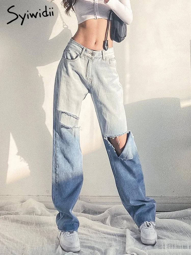 

Syiwidii High Waisted Ripped Jeans for Women Denim Pants Full Length Straight Panelled Tassel Vintage Streetwear 2021 Summer Cut