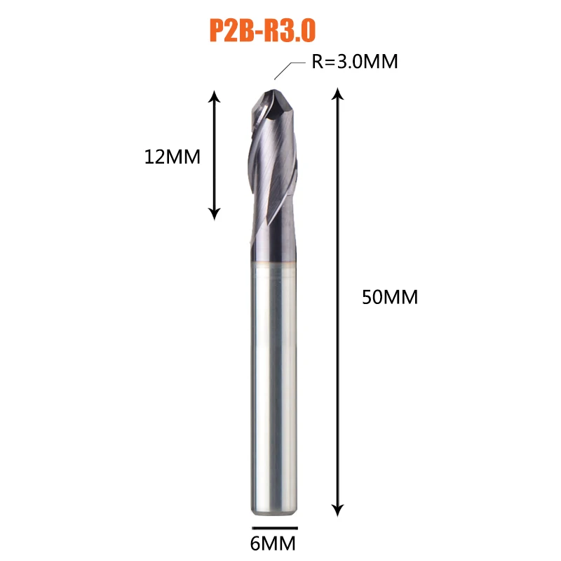 1PC-P2B-R3.0 1 шт. торцевая фреза с шариковым концом 2 флейты R0.5-R6.0 фрезерный станок с ЧПУ для обработки металлических граней и пазов hrc50 концевые фрезы с покрытием - Длина режущей кромки: 1PC-P2B-R3.0