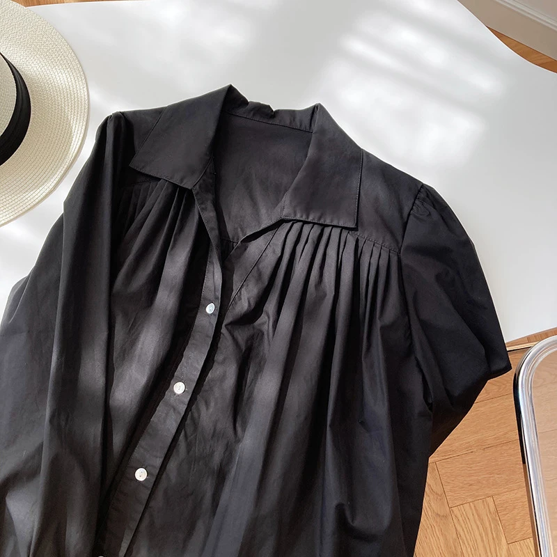 

GALCAUR Casual Solid Shirts For Women Lapel Long Sleeve Loose Ruched Plus Size Korean Blouses Female 2021 Spring Clothing Style