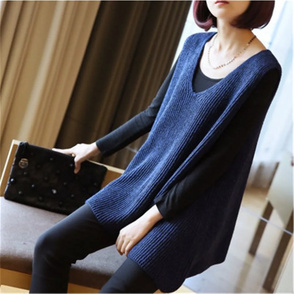 

Mid-length Loose V-neck Sweater Vest Femal Plus Size Sleeveless Solid Color Simple Fashion Knitted Sweater Pullover Women Spring