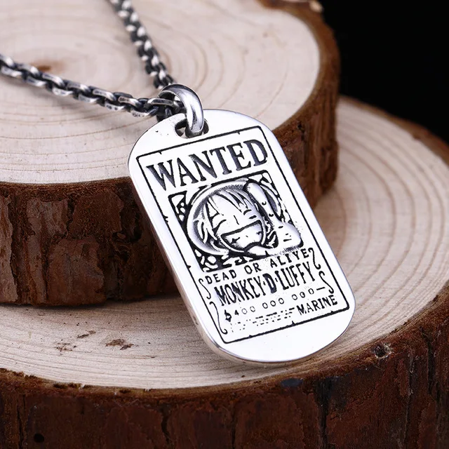 

Anime One Piece Mokey.D.Luffy WANTED 925 Sterling Silver Necklace Pendant Dog Tag Military Pendant Men Jewelry Boyfriend Gifts