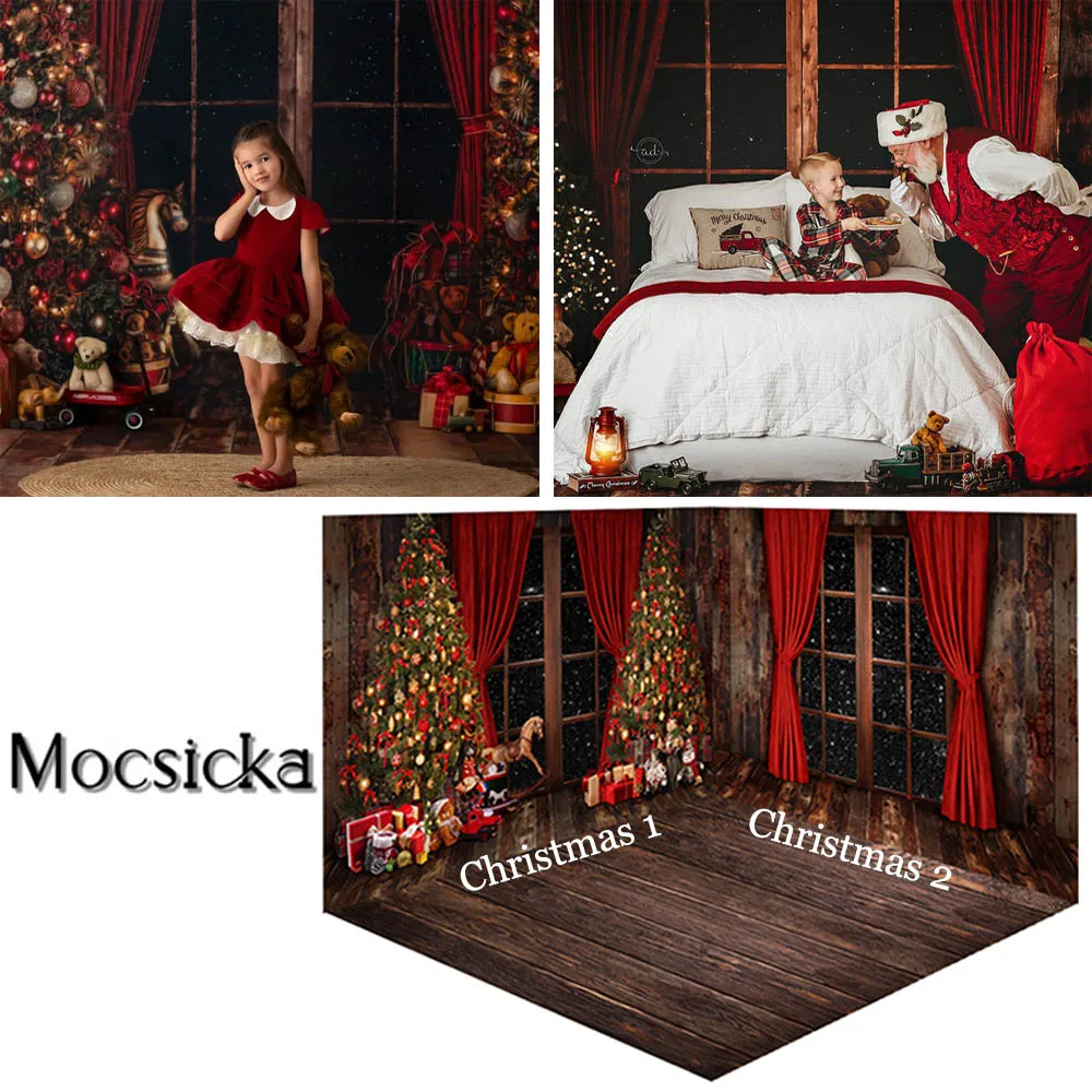 

Christmas Window Festival Props For Photography Backdrop Red Curtain Winter Xmas Tree Gift Toys Photocall Child Photo Background