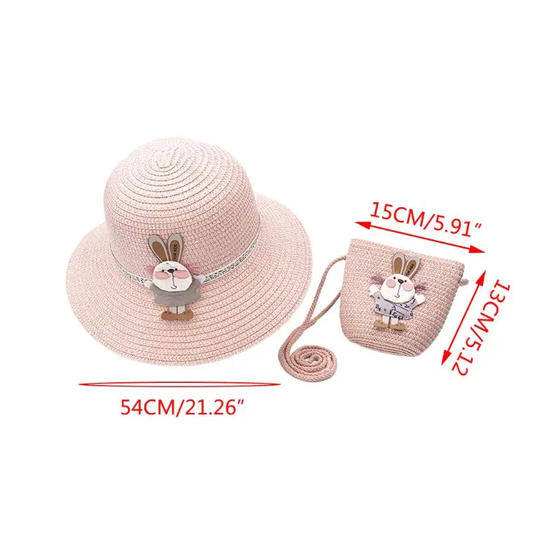 

Summer Kids Woven Straw Sun Visor Hat with Handbag Pouch Set Cartoon Rabbit Pompom Bow Wide Brim Travel Vacation Beach Cap