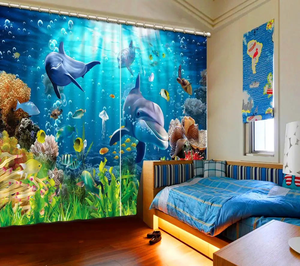Оконная детская комната занавеса подводный мир дельфинов Детские занавески для