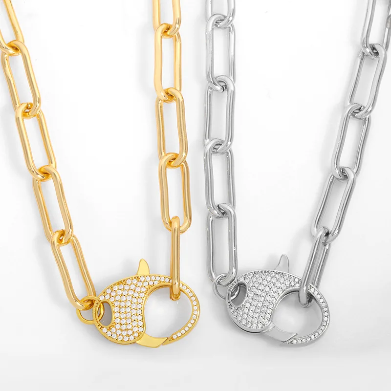 

3pcs Trendy Gold Color Pendant CZ Copper Lock Hook Lobster Clasps charms Necklace Punk Chunky Stainless steel Chain Jewelry nt28