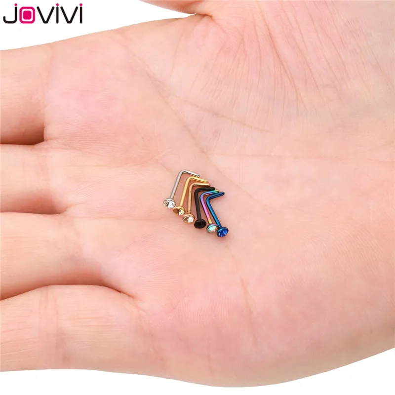 JOVIVI Мода 6 шт. нержавеющая сталь 1,5 мм-3 мм страз 20 г серьги в нос, гвоздики кость ноздрил Pin L форма Бар пирсинг носа ювелирные изделия