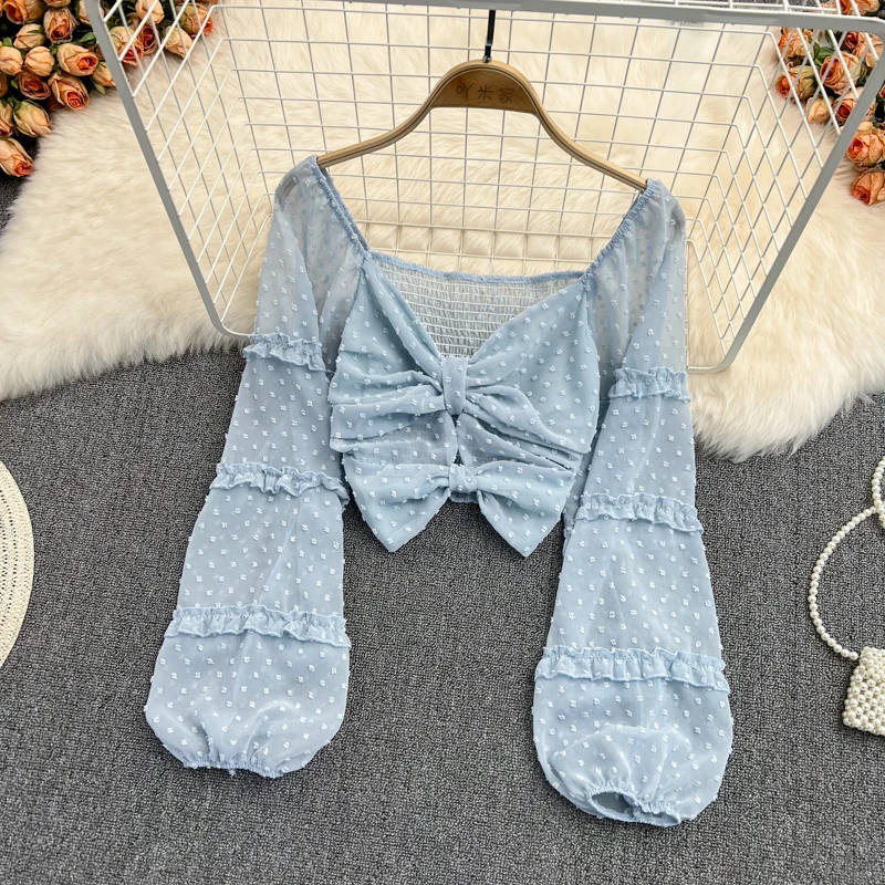 

Женская шифоновая блузка с длинным рукавом и квадратным вырезом, эластичные топы с рюшами, Осенние облегающие короткие блузки в Корейском с...