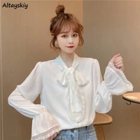 shirts women lace up white all match sweet elegant ladies chic cozy korean style summer 2021 pure color fashion lovely new tops