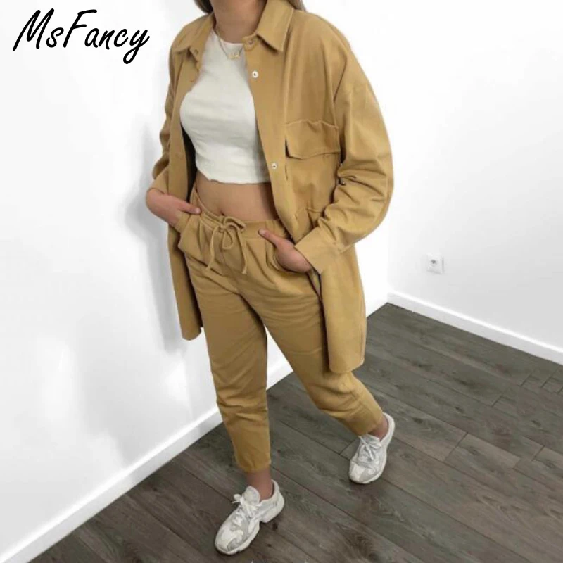 

Msfancy Faux Suede Pant Sets Women Vintage Pockets Long Sleeve Shirt Coat High Waist Straight Trouser 2 Piece Sets Out Wear