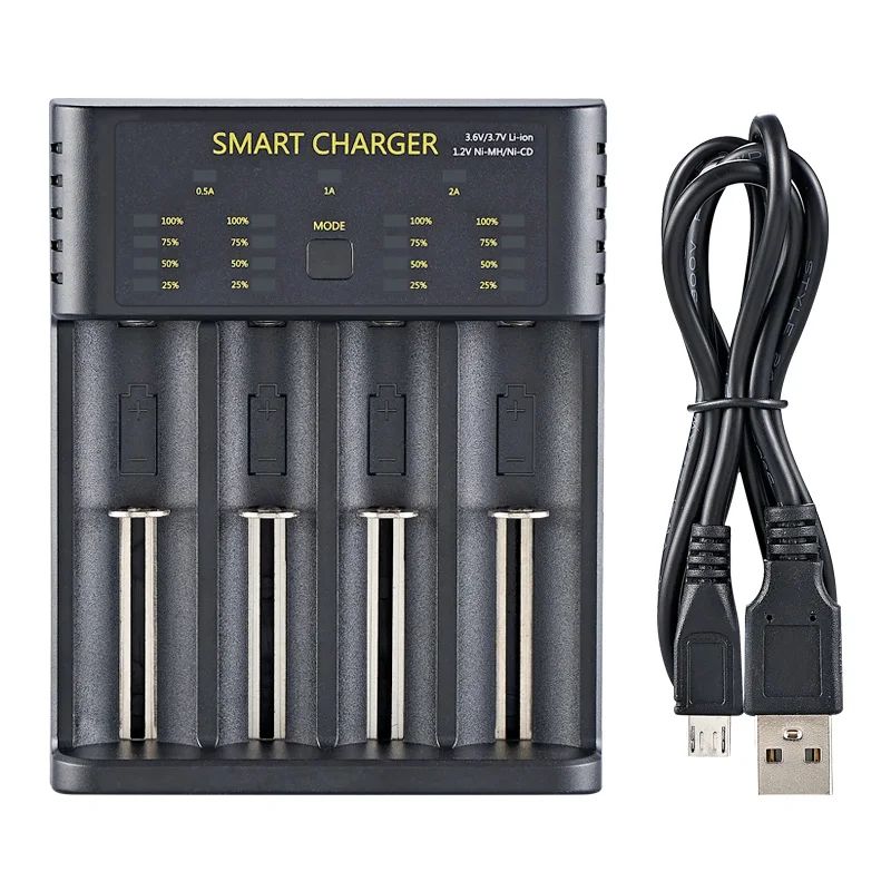 

Fast Electric Battery Charger LED Indicator 4 Slots Charging for 18650 26650 21700 AA/AAA Ni-MH/Ni-Cd Rechargeable Battery