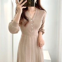 one piece ladies french gentle v neck knitted dress 2021 fallwinter pleated midi sweater dress vestidos de mujer casual dresses