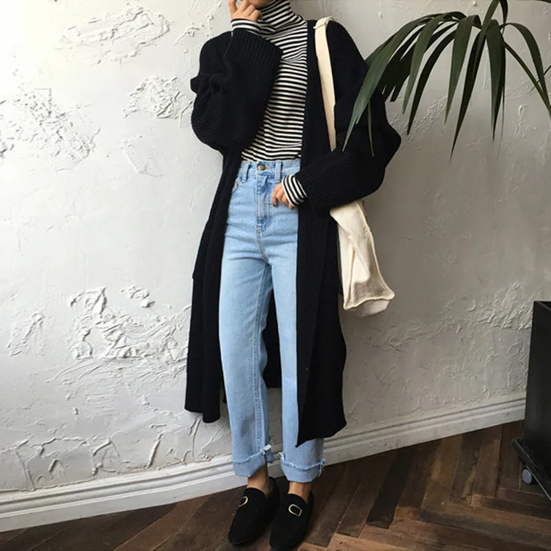 

Johnature 2021 Winter New Korean Solid Color Loose Knitting Coat All Match V-neck Cardigan Long Pockets 3 Colors Trench