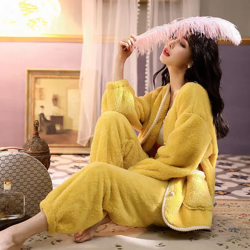 

Sleep Sets Flannel 2pcs Pajamas Suit Lady Sleepwear Nightgown Sexy Home Clothing Casual Intimate Lingerie Winter Solid Nightwear