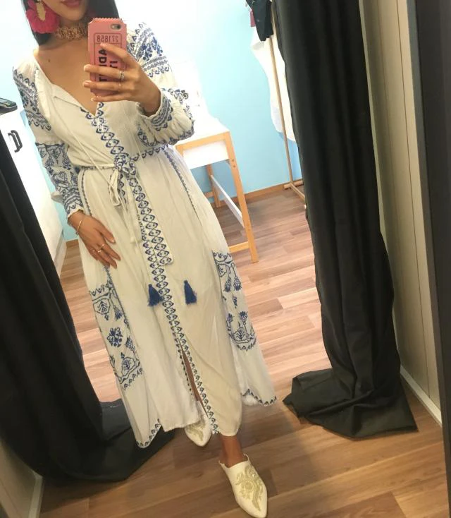 Boho кисточкой из хлопка с вышивкой для женщин v образным вырезом и рукавами