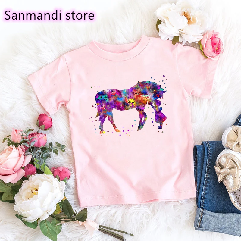 2021 Hot Sale Rainbow Unicorn Print Pink Tshirt Girl Kids Clothes Harajuku Shirt Kawaii Children Clothing Beautiful T-Shirt | Детская