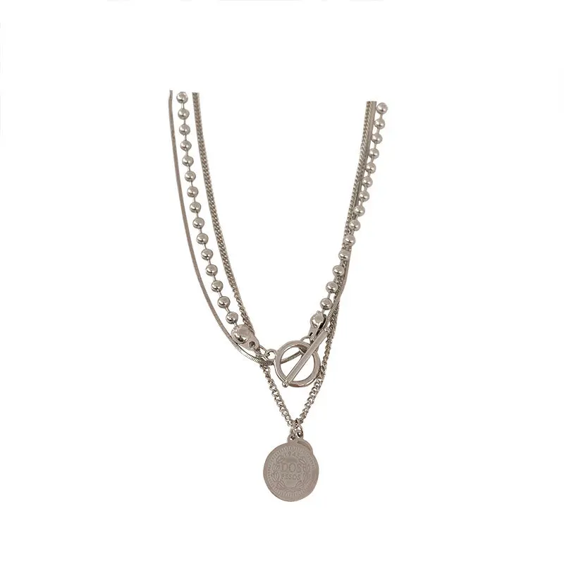 

TIMEONLY Multiple Layered Head Portrait Coin Pendant Necklace for Women Silver Color Metal Toggle Clasp Circle Beaded Choker