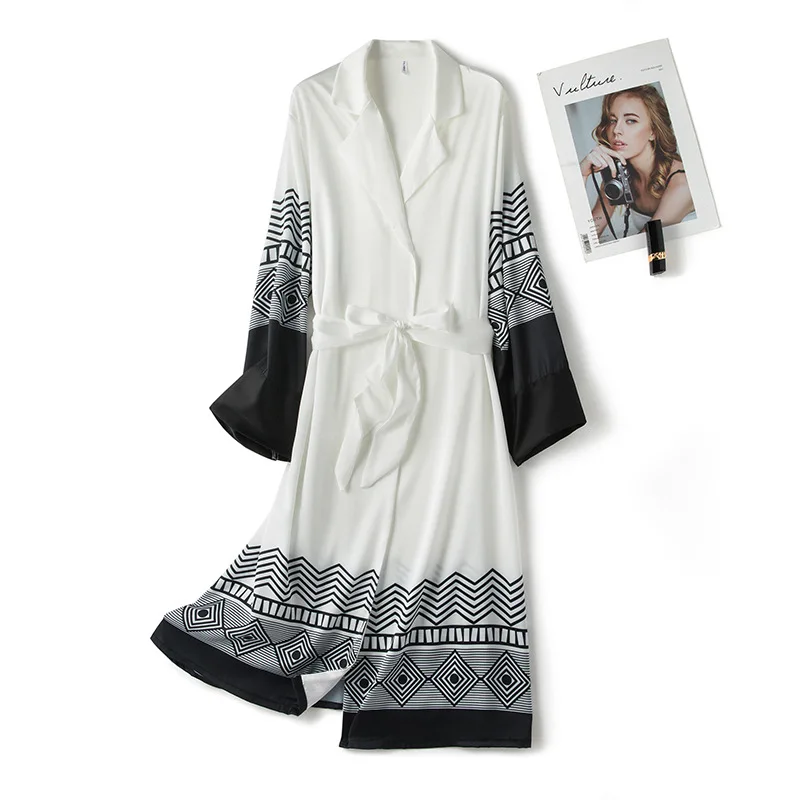 

Stripe Spring Women Faux Silk Kimono Bathrobe Sexy Turn-down Collar Mid-Length Nightgown Full Sleeve Robe Home Dress With Belt