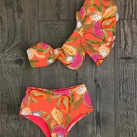 one shoulder bikini set 2021 sexy ruffle swimwear women swimsuit high waist bathing suit beachwear red print biquini female